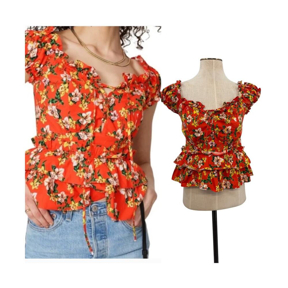 Marissa Webb Amaya Floral Ruffle Peplum Top Puff Sleeve Red Size 6‎